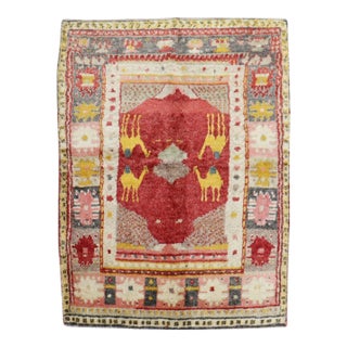 Early 20th Century Zabihi Collection Turkish Anatolian Animal Small Square Rug - 3'9" x 4'7" For Sale