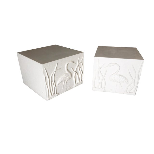 Large White Cube Pedestal Side Tables W/ Crane Relief, Pair 1980s For Sale - Image 9 of 9