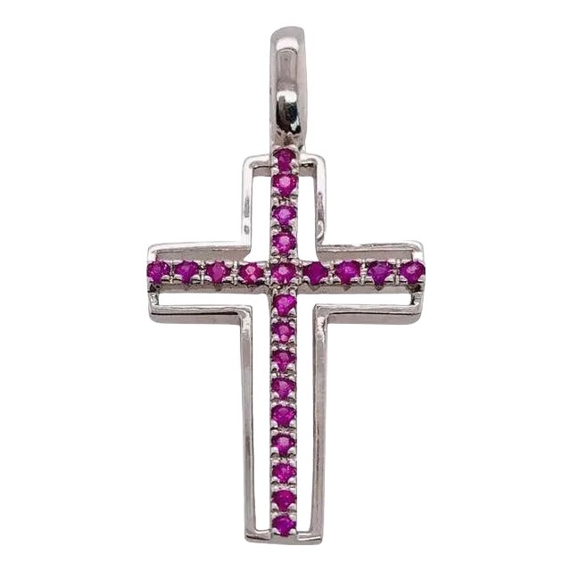 14 Karat White Gold and Pink Topaz Cross Pendant 0.38 TWS For Sale