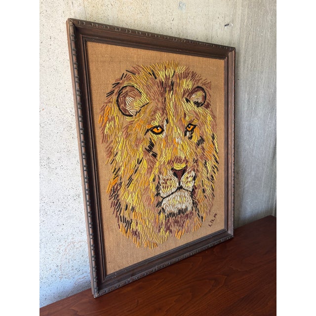 Mid-Century Modern Vintage Lion Needlepoint Wall Art in Carved Wood Frame, 1960s For Sale - Image 3 of 8