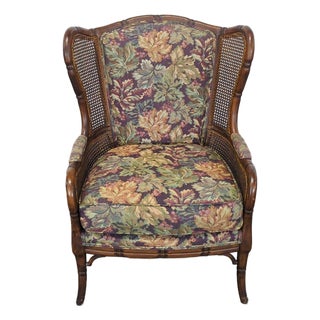 1990s Ethan Allen Cane Wingback Accent Chair – Floral Tapestry For Sale