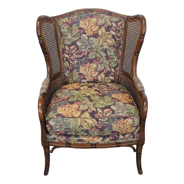 1990s Ethan Allen Cane Wingback Accent Chair – Floral Tapestry For Sale