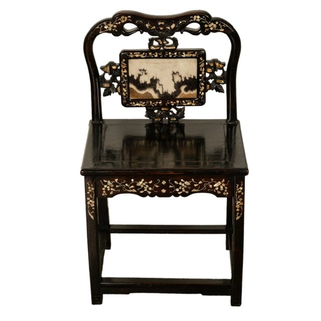 Asian Antique Chinese 19th C Qing Dynasty Inlaid Dreamstone Mother of Pearl Chair 1850 For Sale - Image 3 of 13