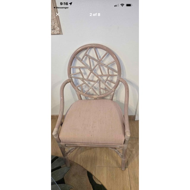 Vintage McGuire Style Sheaf of Wheat Rattan Dining Table & Elinor McGuire Style Cracked Ice Armchairs – Set of 5 For Sale - Image 6 of 9