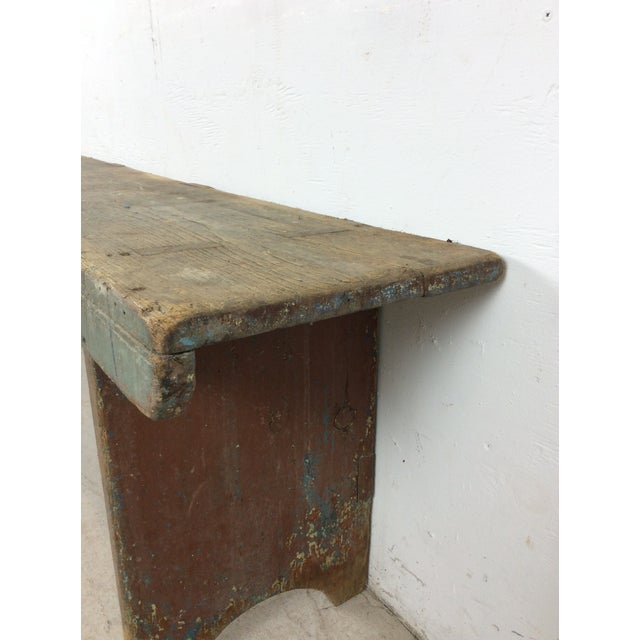 Antique Primitive Farmhouse Wood Bench With Chippy Paint Patina For Sale - Image 11 of 18