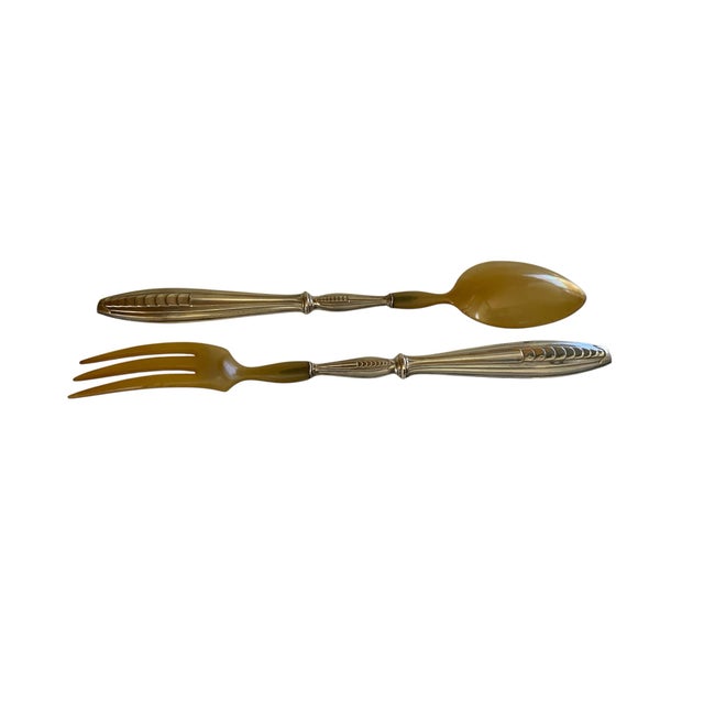 French Antique Boxed Silver and Horn Salad Serving Spoon and Fork Set Both Fork and Spoon Measure 11 inches.&nbsp; Very...
