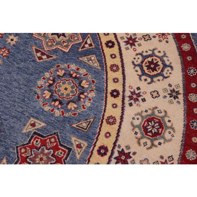Boho Chic Kazak Light Blue/Beige Wool Round Rug- 8'0''x8'0'' For Sale In New York - Image 6 of 9