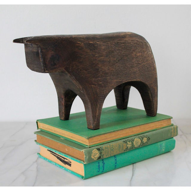 Hand Carved Crate and Barrel Brown Wood Bull Figurine Sculpture For Sale - Image 10 of 13