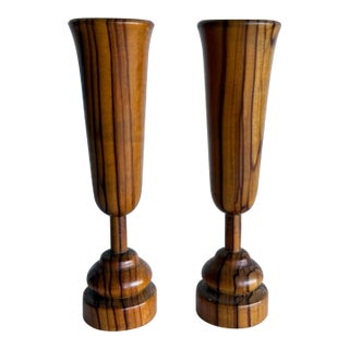Mid 20th Century Handcrafted Zebrawood Candle Holders - Set of 2 For Sale