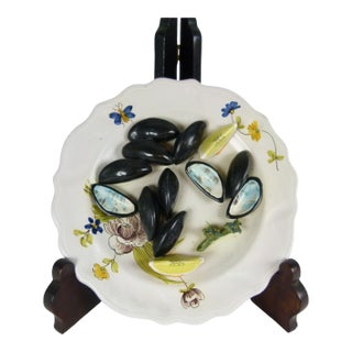 Mid-Century Italian Trompe L’Oeil Hand Painted Wall Plate by Peasant Village | Mussels & Lemon Wedges | Majolica For Sale