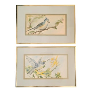 1990s Custom Hand Painted Small Gold Metal Framed Watercolor Birds Wall Art- A Pair For Sale