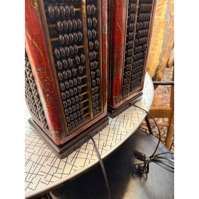 Mid 20th Century Exceptional Vintage Gilt Wood Chinoiserie Hand Made Lacquered Suanpan/ Abacus Table Lamps a Pair For Sale - Image 5 of 8