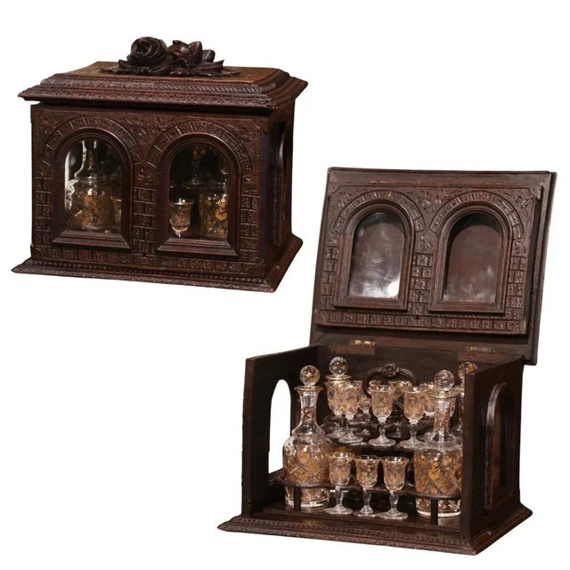 19th Century French Black Forest Walnut Cave À Liqueur With Gilt Crystal Service For Sale - Image 11 of 11