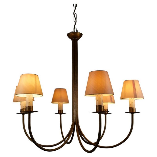 Large Brass Six-Arm Chandelier with Fabric Shades, Germany, 1970s For Sale - Image 10 of 10