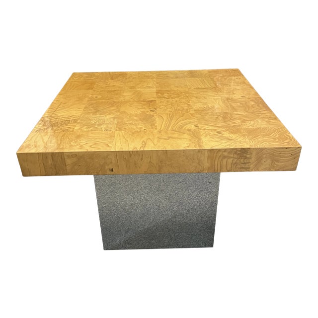 Milo Baughman for Thayer Coggin Burled Olive Wood + Chrome Side Table C. 1970s For Sale