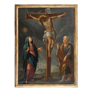 Naples Artist, Depicting the Crucifixion of Christ with the Virgin Mary and Saint Joseph, 1800s, Oil on Canvas For Sale