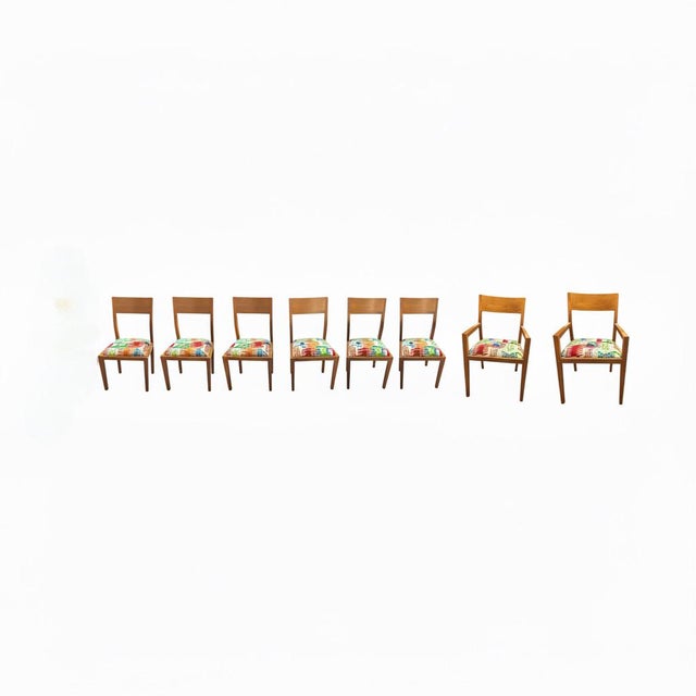 Mid Century Modern Teak Arm Chairs, Upholstered Seat, Tapered Legs, Minimalist Design For Sale - Image 9 of 9