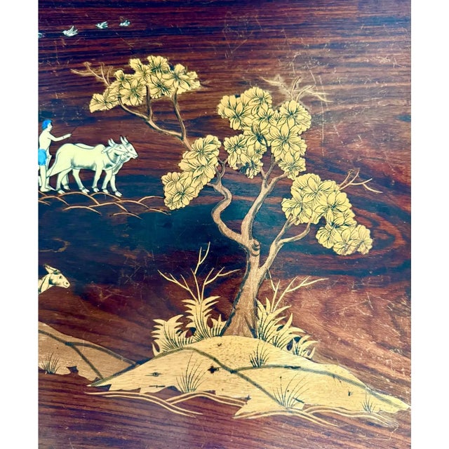1950's Indian Rosewood & Bone Inlay Coffee Table Bench Removable Legs Serving Tray For Sale - Image 10 of 17