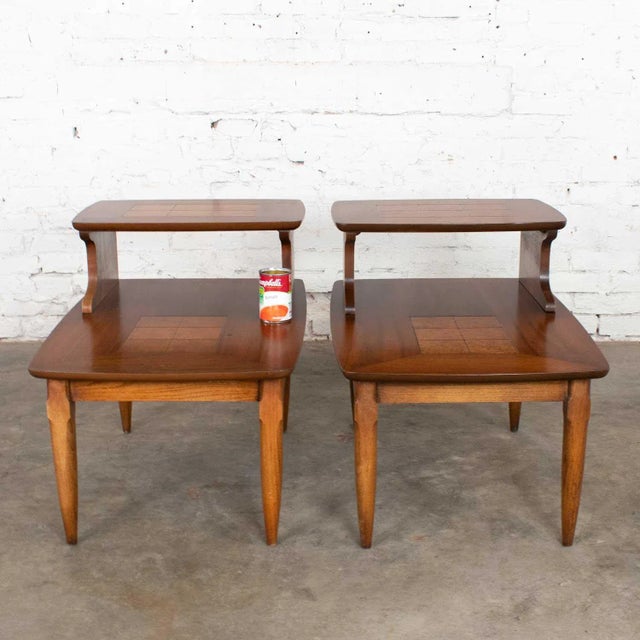Mid-Century Modern Lane Step End Tables With Inlaid Walnut Burl Style #1927 - a Pair For Sale - Image 9 of 13