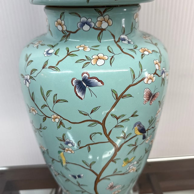 Late 20th Century Jade Green Ceramic Table Lamp With Butterflies + Birds For Sale - Image 10 of 12