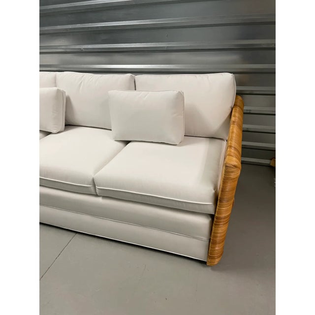 Crespi Style Rattan Sofa With Quadrille Upholstery For Sale - Image 12 of 12