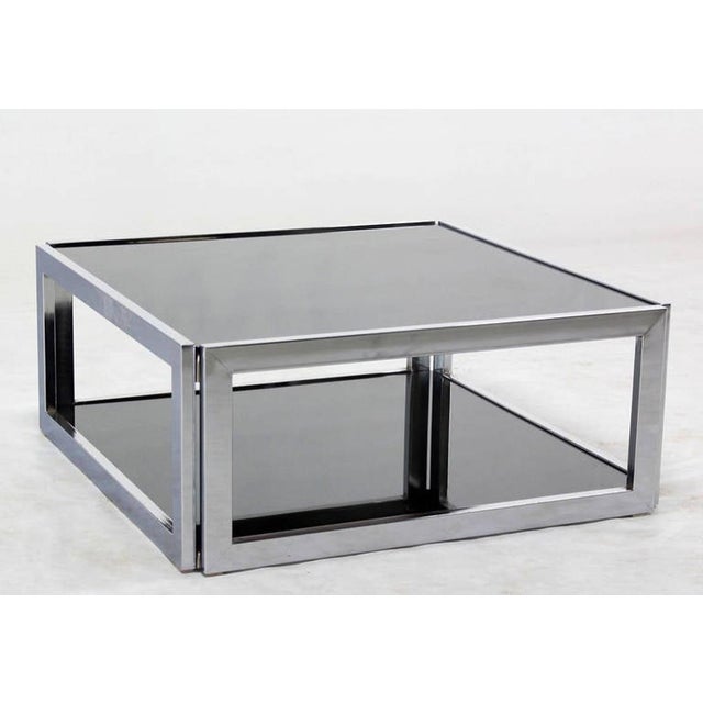 Sharp Square 2 Tier Modern Chrome Base Smoked Glass Coffee Table with Shelf MINT For Sale - Image 10 of 10