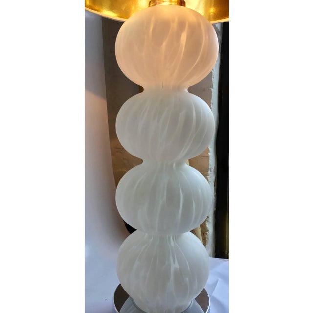 Mid-Century Modern white mottled frosted Murano style glass table lamp. This Vistosi style lamp features four sculptural...