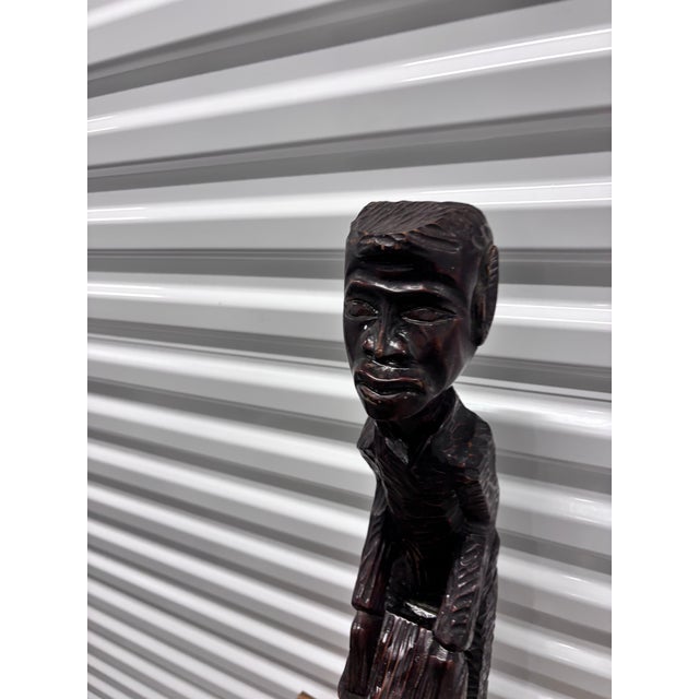 Wood Vintage Hand-Carved Wooden African Tribal Figurine Depicting a Man Playing a Drum, Crafted From Dense Hardwoods Like Ebony For Sale - Image 7 of 12