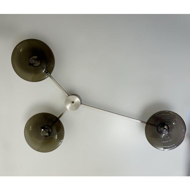 Italian flush mount with three smoky Murano glass shades mounted on solid brass frame in satin nickel finish / Made in...