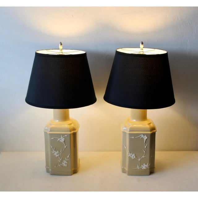 Novelty Crystal Corp Flower Over Beige Chinoiserie Ceramic Table Lamps