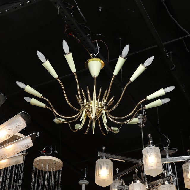 Mid-Century Polished Brass & Green Enamel 12 Light Chandelier by Stilnovo For Sale - Image 13 of 18