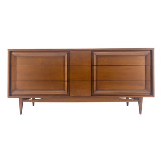 Mid Century Modern Sculpted Walnut 68" Long 9 Drawers Dresser Credenza MINT For Sale