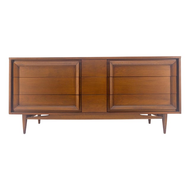 Mid Century Modern Sculpted Walnut 68" Long 9 Drawers Dresser Credenza MINT For Sale