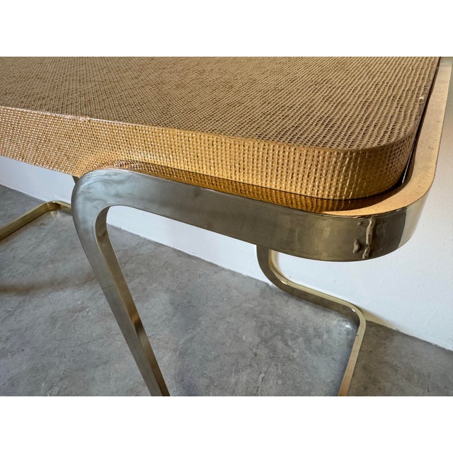 Beige 1980's Postmodern Beige Grasscloth and Brass Legs Sofá Consolé Table For Sale - Image 8 of 12