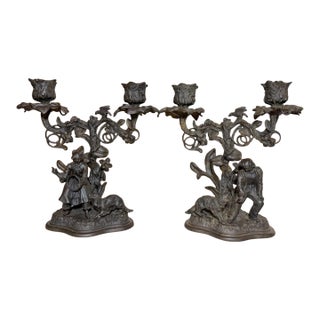 Pair Antique Bronze Patinated Cast Iron Ornate Figural Dog German Candelabras For Sale