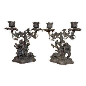 Pair Antique Bronze Patinated Cast Iron Ornate Figural Dog German Candelabras
