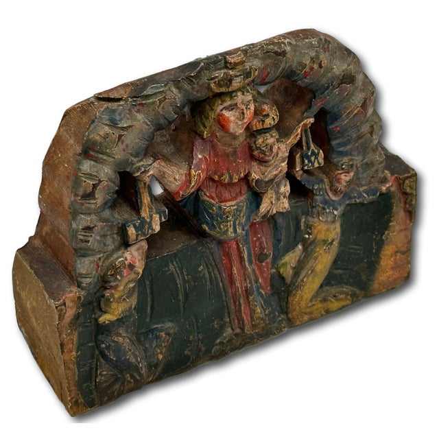 Unusual Antique Italian Hand Carved & Painted Wood Madonna & Child Sicilian Donkey Cart Fragment - Weighted for Doorstop For Sale - Image 9 of 18