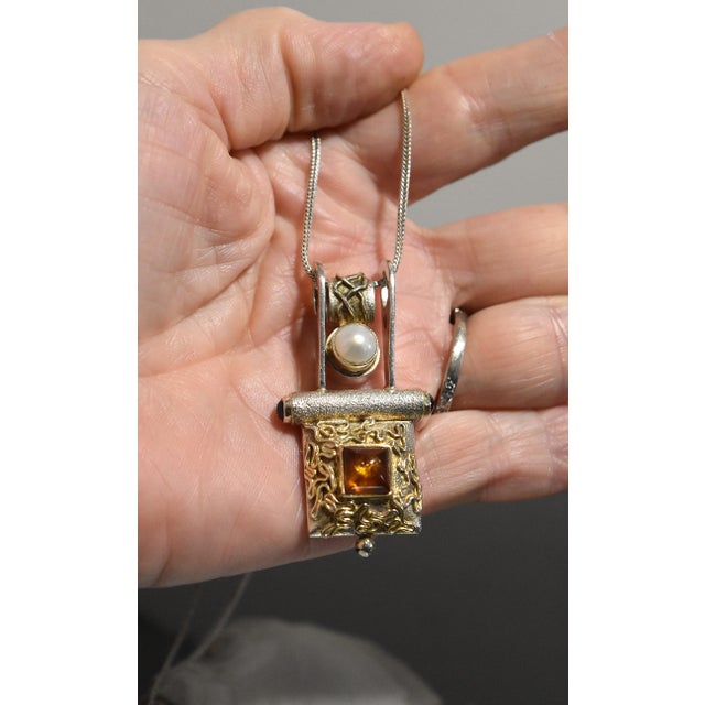 Silver Late 20th Century Artisan Sterling Silver Amber Pearl Pendant Necklace For Sale - Image 8 of 14