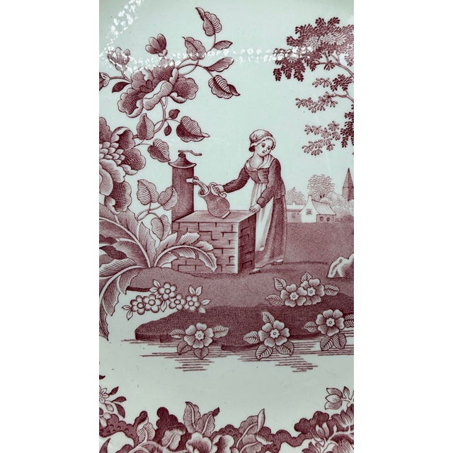 Shabby Chic A Vintage Spode Red Transferware "Girl at the Well" 12" Pasta Bowl, Circa 1960's For Sale - Image 3 of 10
