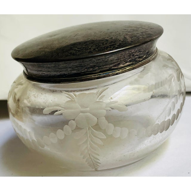 Metal Early 20th Century Hawkes Cut Glass Etched Crystal Sterling Silver Top Vanity Powder Trinket Jar For Sale - Image 7 of 12