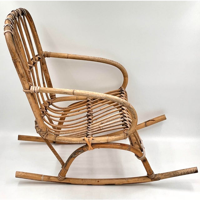 Mid-Century Modern Mid-Century Franco Albini Style Child's Rattan Bamboo Rocking Chair For Sale - Image 3 of 11