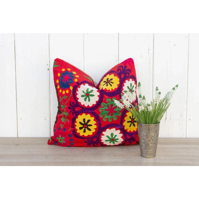 Red Veeda Vintage Suzani Square Pillow For Sale - Image 8 of 9