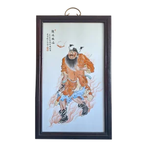 Chinese Framed Porcelain Plaque of a Warrior Monk With a Shakujo