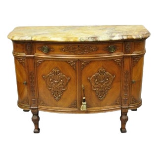Antique French Louis XV Style Carved Walnut Marble Top Buffet Sideboard Cabinet For Sale