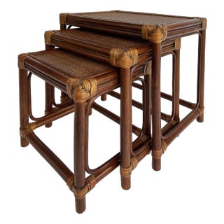 Set of 3 Vintage Rattan, Grass Cloth Nesting Tables, McGuire Manner For Sale