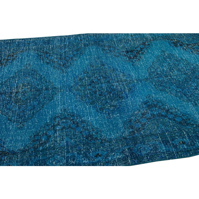 Vintage Overdyed Handmade Teal Wool Runner With Tribal Design For Sale - Image 9 of 11