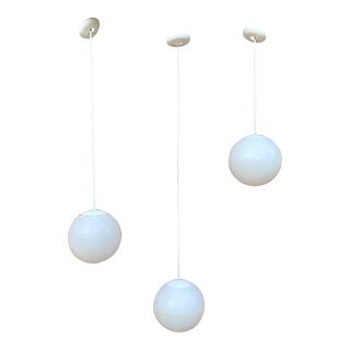 Mid-Century Modern White Globe Hanging Pendant Lights - Set of 3 For Sale