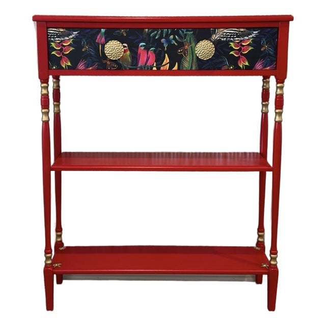 Solid Wood Console Table, Narrow Hallway Furniture, Red and Gold Palm Beach Tropical Decor For Sale