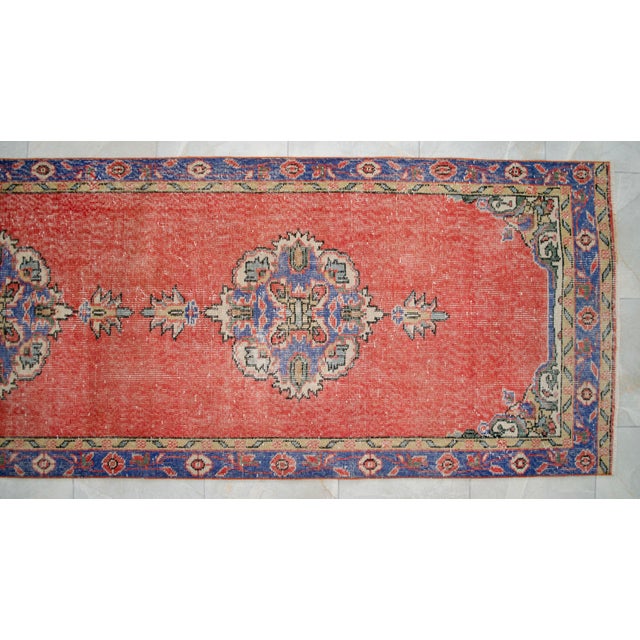 Traditional Ottoman Design Distressed Oushak Runner Rug Faded Colors Low Pile - 3'3″ X 12' For Sale - Image 12 of 15