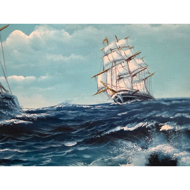 Nautical t.j. Lee Marine Seascape Oil Painting Tall Ships Ocean Waves Nautical Framed For Sale - Image 3 of 13